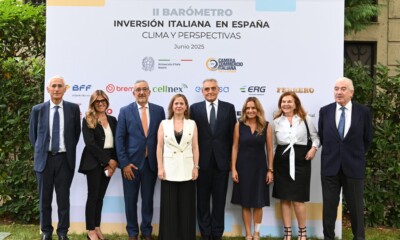 Roberto Mengucci, CEO Executive Advisor de Mundys; Antonella Sottero, CEO de Ferrero Ibérica; Marco Pizzi, presidente de la Cámara de Comercio e Industria Italiana para España; María Amparo López Senovilla, Secretaria de Estado de Comercio de España; Giuseppe Buccino Grimaldi, Embajador de Italia en España; Susana Sumelzo, Secretaria de Estado para Iberoamérica y el Caribe y el Español en el Mundo de España; Nicoletta Negrini, CEO de Negrini y Pepe Bogas, CEO de Endesa.