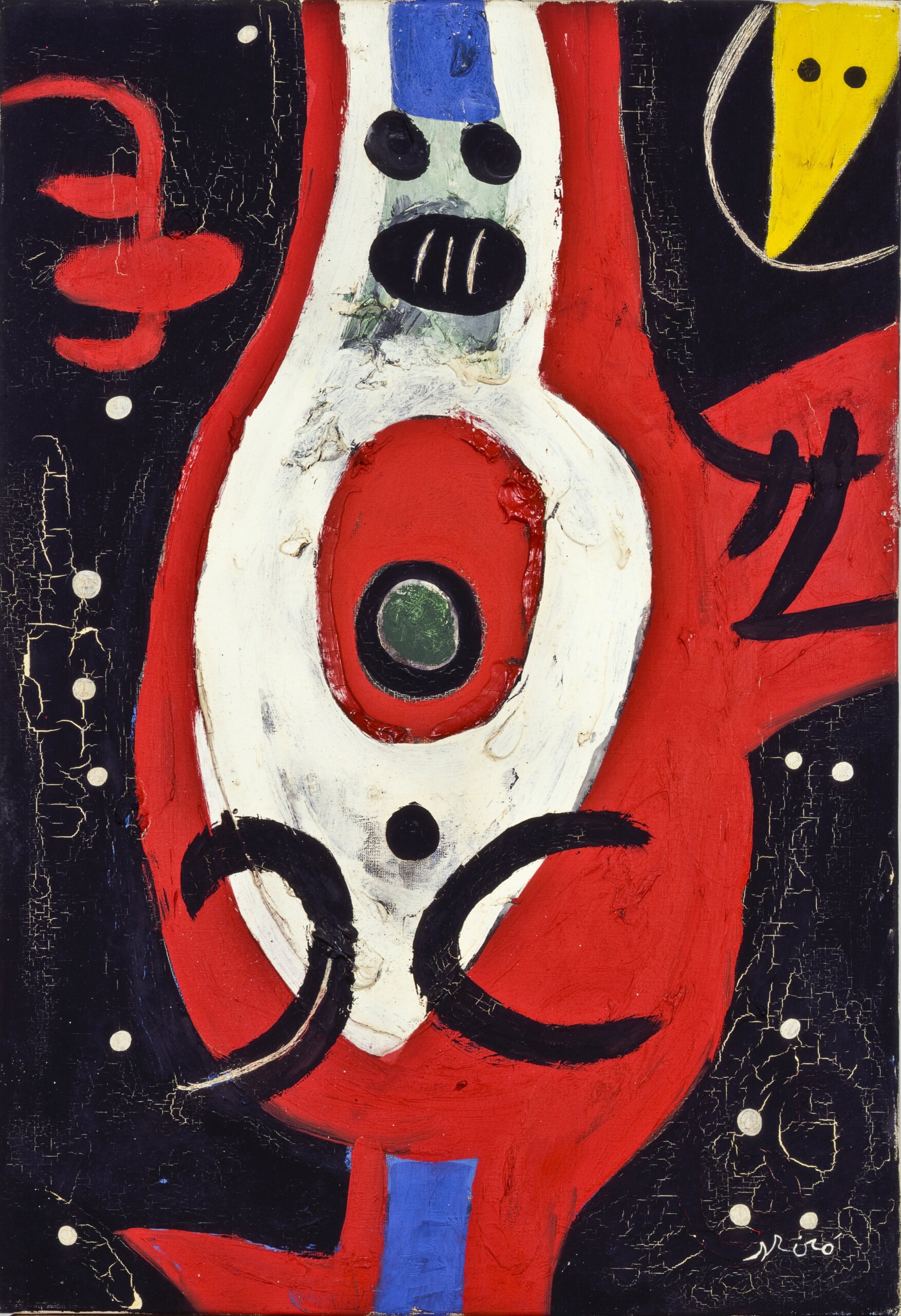 Femme, oiseaux, constellations (29/04/1976)Óleo, acrílico y grattage sobre lienzo – 73 x 50 cm.