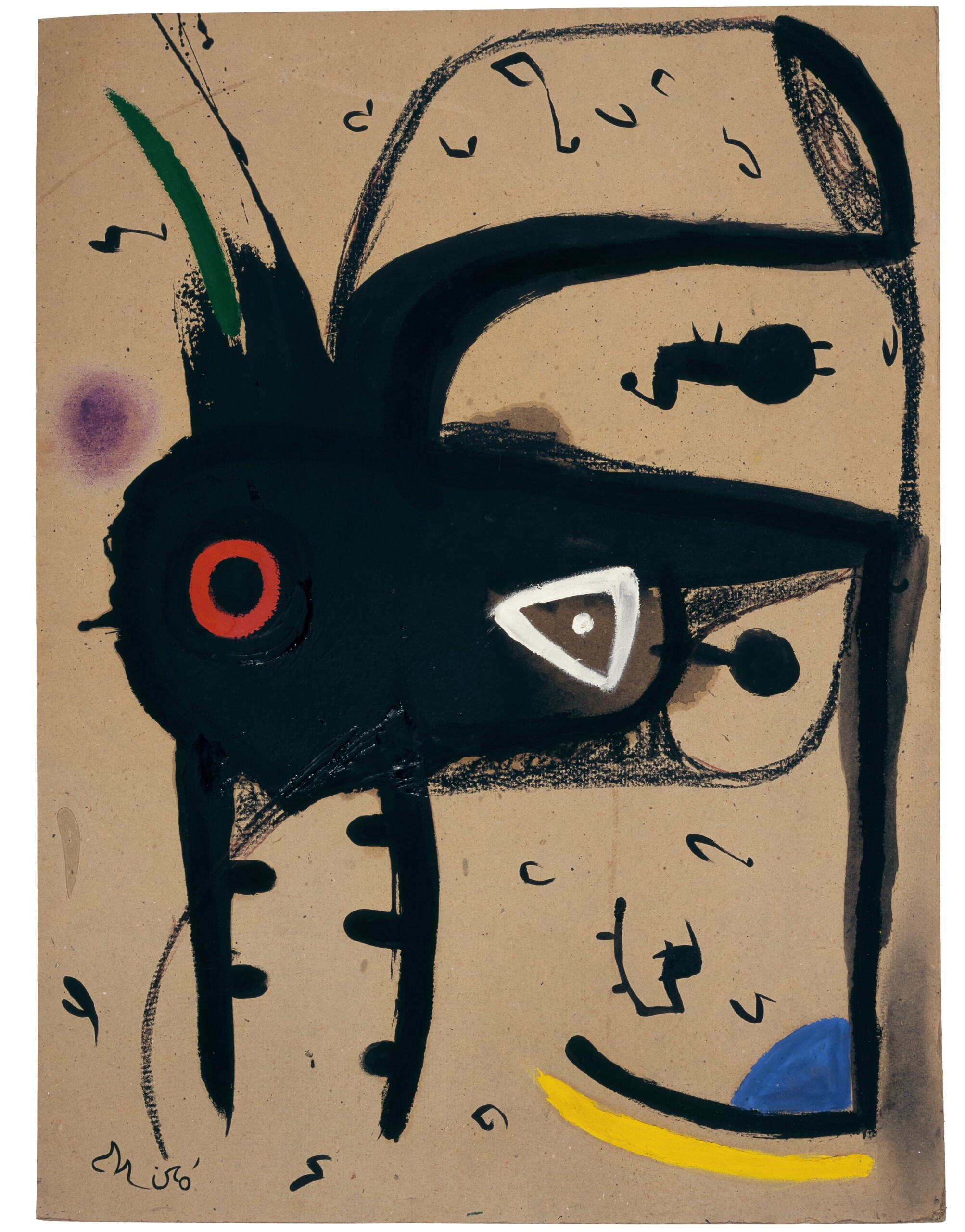 Personnage et oiseau entourés de rossignols (17/07/1976)Óleo, pastel y ceras sobre cartón – 79 x 59 cm.
